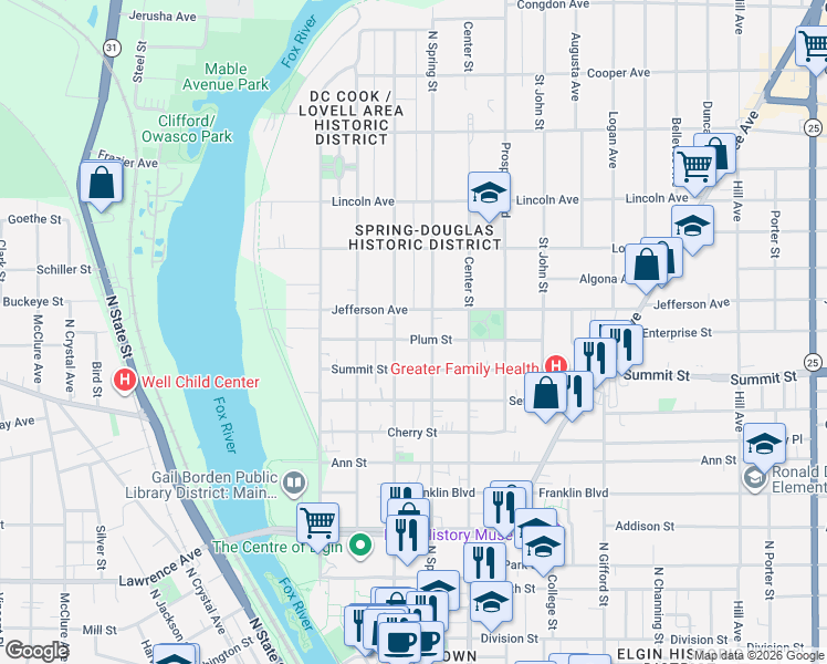 map of restaurants, bars, coffee shops, grocery stores, and more near 573 North Spring Street in Elgin