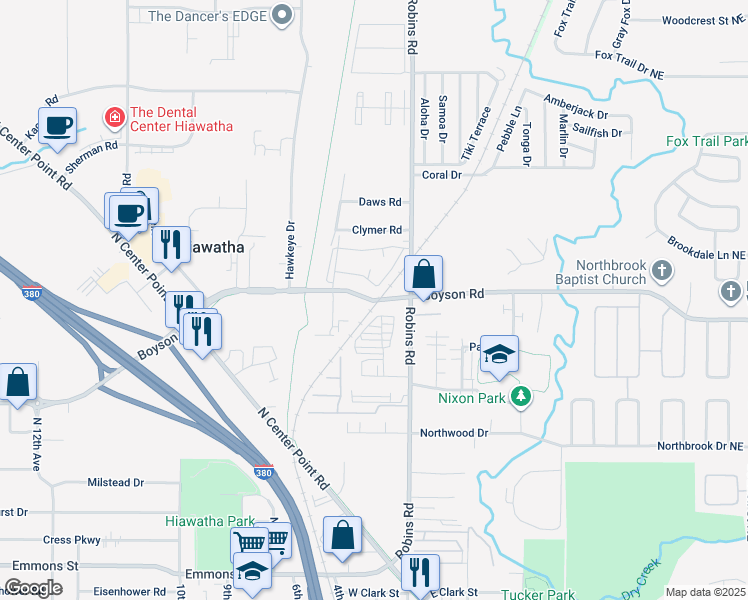 map of restaurants, bars, coffee shops, grocery stores, and more near 100 Boyson Road in Hiawatha
