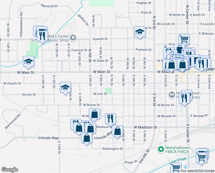 map of restaurants, bars, coffee shops, grocery stores, and more near 705-707 West Church Street in Marshalltown