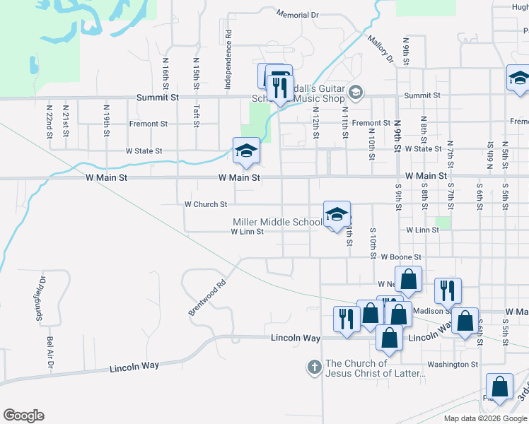 map of restaurants, bars, coffee shops, grocery stores, and more near 1301-1399 W Church St in Marshalltown