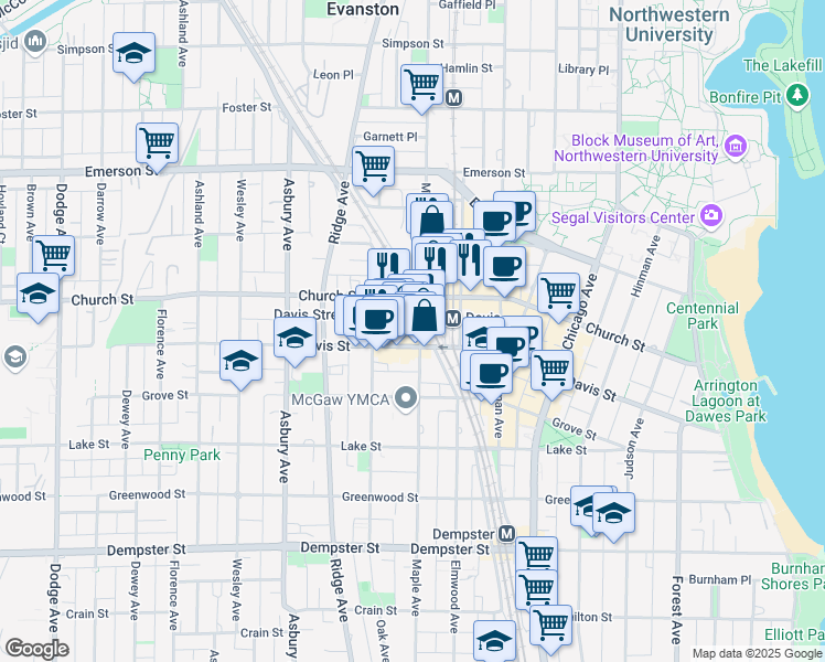 map of restaurants, bars, coffee shops, grocery stores, and more near 1630 Maple Avenue in Evanston