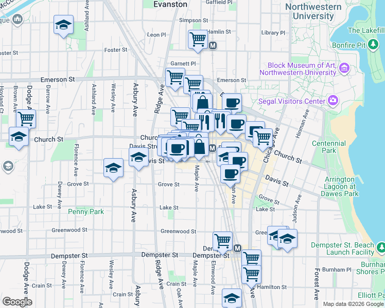 map of restaurants, bars, coffee shops, grocery stores, and more near 1610 Maple Avenue in Evanston