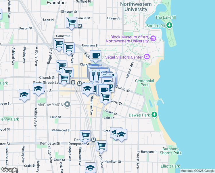 map of restaurants, bars, coffee shops, grocery stores, and more near 1640 Chicago Avenue in Evanston