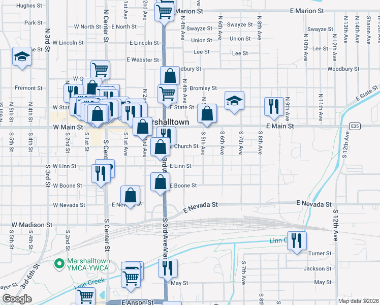 map of restaurants, bars, coffee shops, grocery stores, and more near 403 East Church Street in Marshalltown