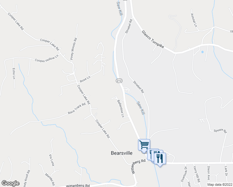 map of restaurants, bars, coffee shops, grocery stores, and more near 20 Ballantine Lane in Bearsville