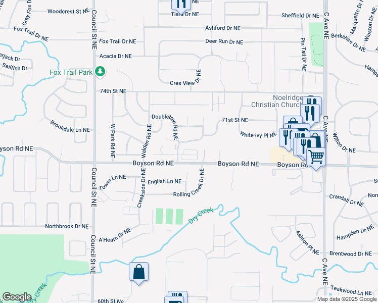 map of restaurants, bars, coffee shops, grocery stores, and more near 6918 E Park Rd NE in Cedar Rapids