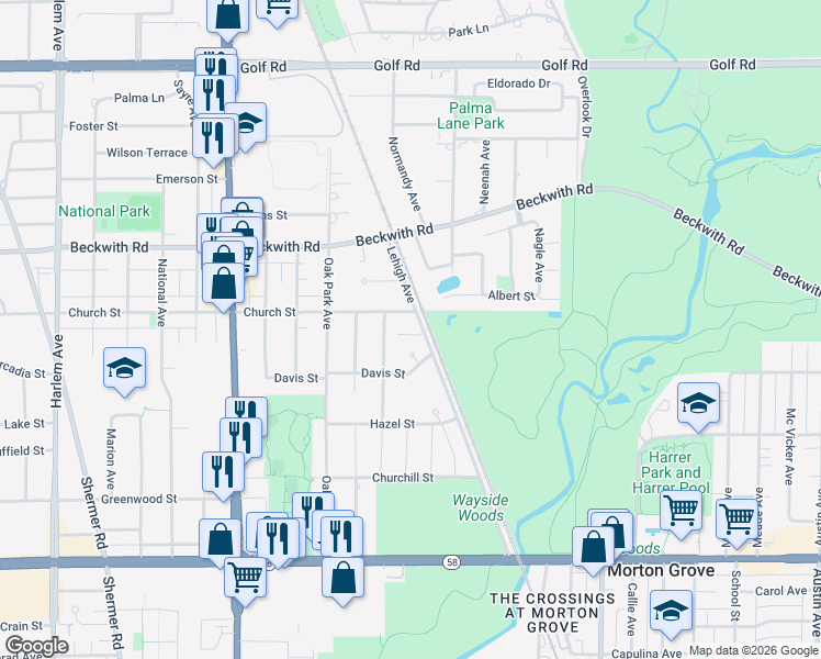 map of restaurants, bars, coffee shops, grocery stores, and more near 6625 Church Street in Morton Grove