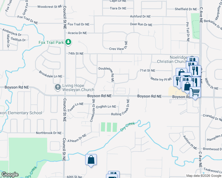 map of restaurants, bars, coffee shops, grocery stores, and more near 1008 Doubletree Court Northeast in Cedar Rapids