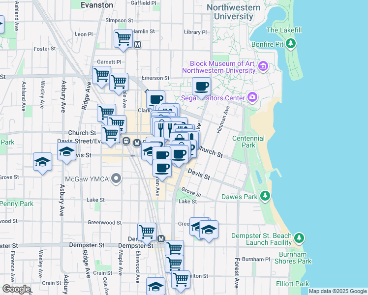 map of restaurants, bars, coffee shops, grocery stores, and more near 1630 Chicago Avenue in Evanston