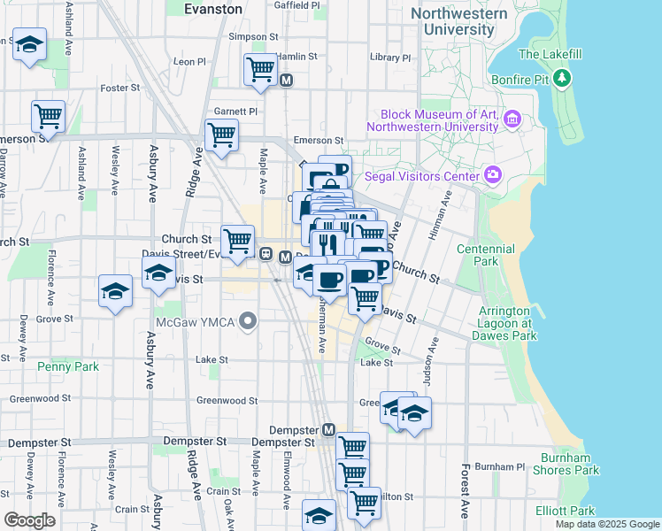 map of restaurants, bars, coffee shops, grocery stores, and more near 1638 Orrington Avenue in Evanston