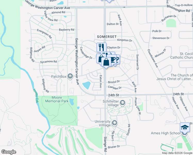 map of restaurants, bars, coffee shops, grocery stores, and more near 2732 Northridge Lane in Ames