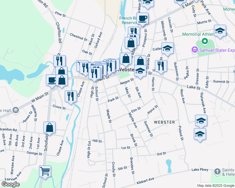 map of restaurants, bars, coffee shops, grocery stores, and more near 15 Brookline Street in Webster