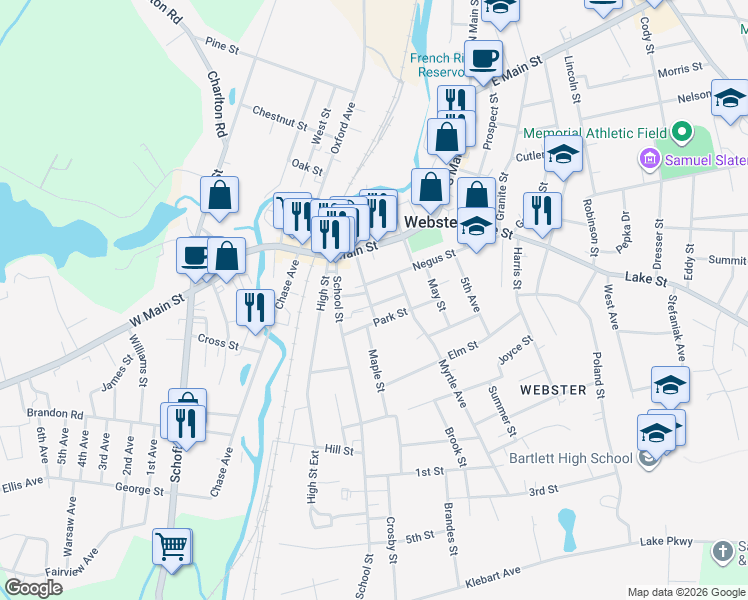 map of restaurants, bars, coffee shops, grocery stores, and more near in Webster