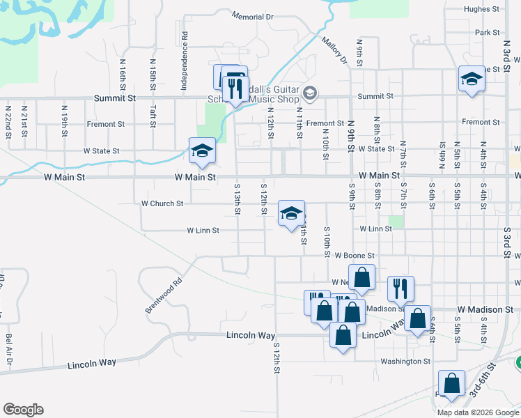 map of restaurants, bars, coffee shops, grocery stores, and more near 1115 West Church Street in Marshalltown