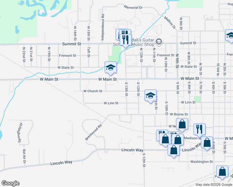 map of restaurants, bars, coffee shops, grocery stores, and more near 1301-1399 W Church St in Marshalltown