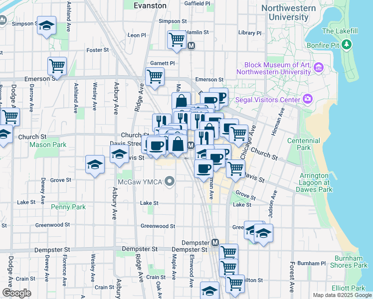 map of restaurants, bars, coffee shops, grocery stores, and more near 909 Davis Street in Evanston