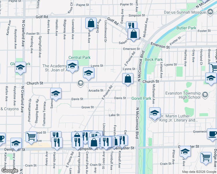 map of restaurants, bars, coffee shops, grocery stores, and more near in Evanston
