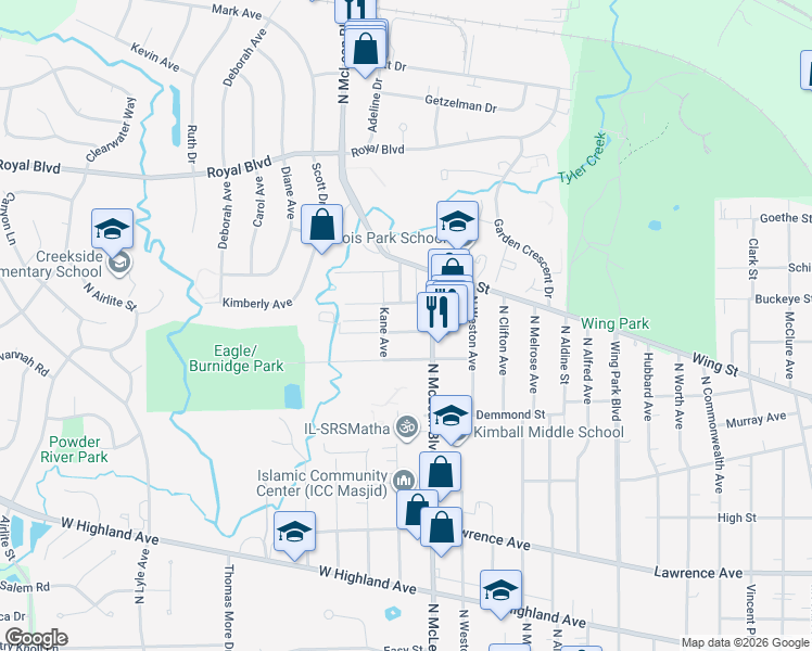 map of restaurants, bars, coffee shops, grocery stores, and more near 1355 Kaskaskia Avenue in Elgin