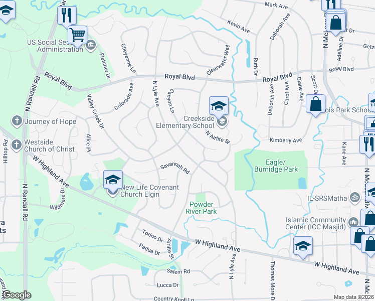map of restaurants, bars, coffee shops, grocery stores, and more near 2085 Valley Creek Drive in Elgin