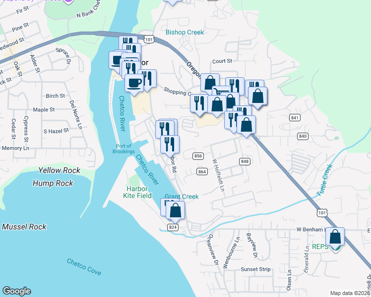 map of restaurants, bars, coffee shops, grocery stores, and more near 97814 Crestline Loop in Brookings