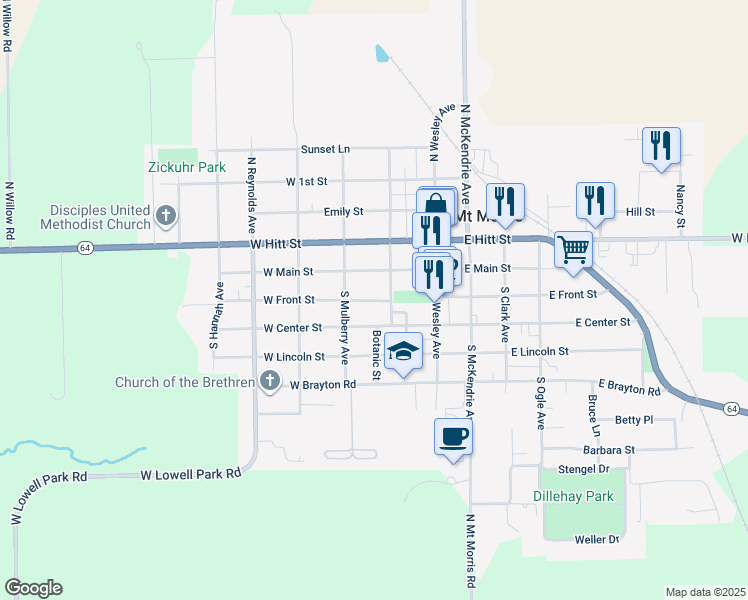 map of restaurants, bars, coffee shops, grocery stores, and more near 106 West Front Street in Mount Morris