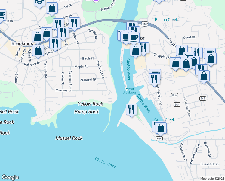 map of restaurants, bars, coffee shops, grocery stores, and more near in Brookings