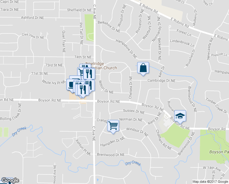 map of restaurants, bars, coffee shops, grocery stores, and more near 414 Wilton Drive Northeast in Cedar Rapids