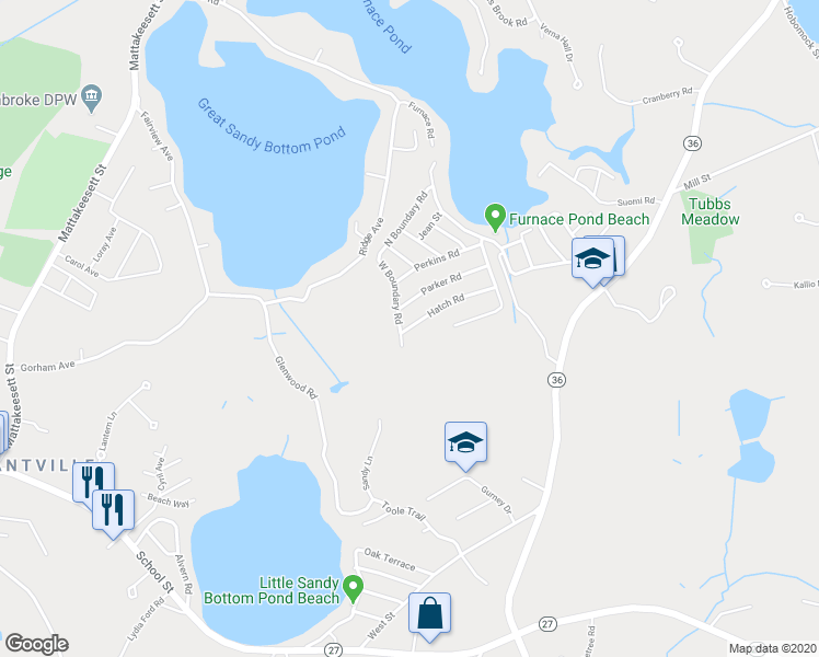 map of restaurants, bars, coffee shops, grocery stores, and more near Hatch Road in Pembroke