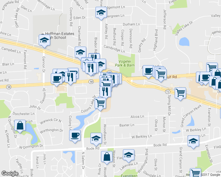 map of restaurants, bars, coffee shops, grocery stores, and more near 1165 Higgins Quarter Dr in Hoffman Estates