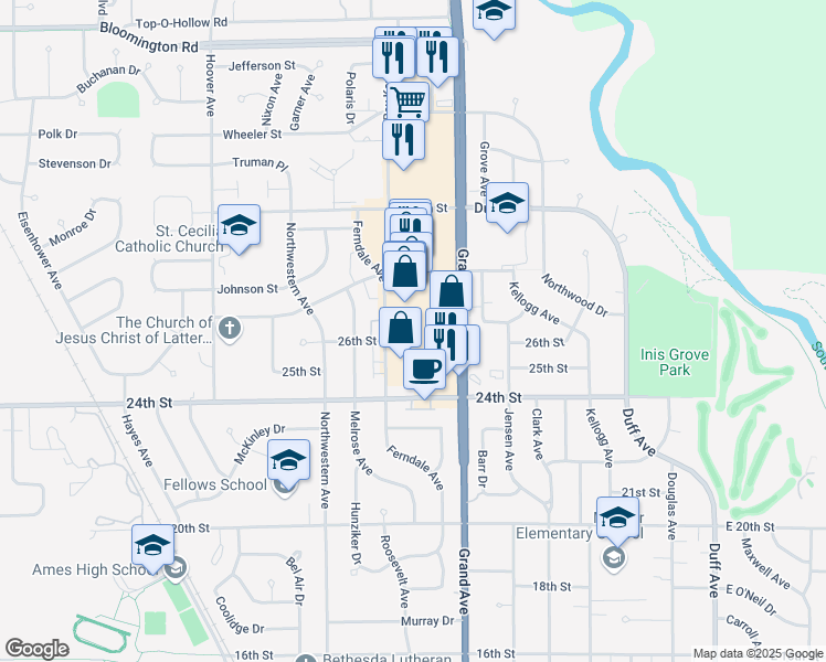 map of restaurants, bars, coffee shops, grocery stores, and more near 2801 Grand Avenue in Ames