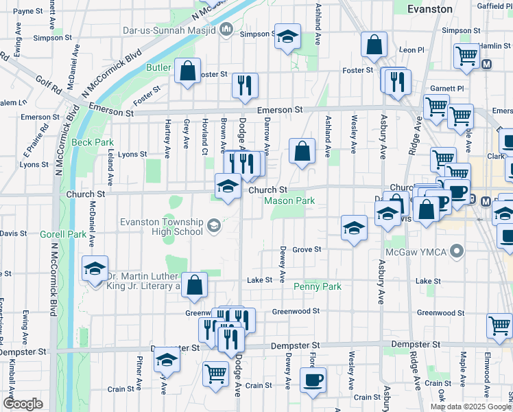 map of restaurants, bars, coffee shops, grocery stores, and more near 1720 Church Street in Evanston