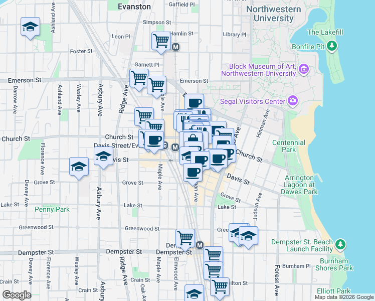 map of restaurants, bars, coffee shops, grocery stores, and more near 1616 Sherman Avenue in Evanston