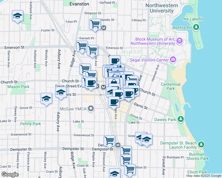 map of restaurants, bars, coffee shops, grocery stores, and more near 807 Davis Street in Evanston
