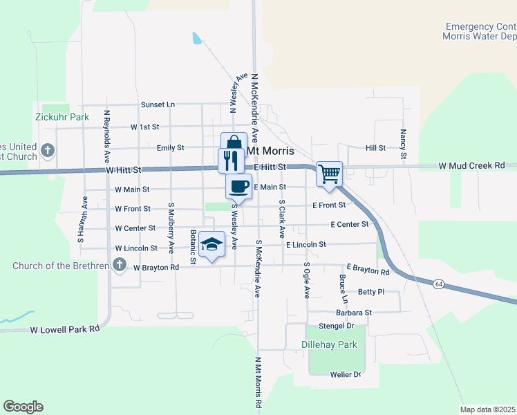 map of restaurants, bars, coffee shops, grocery stores, and more near 105 South McKendrie Avenue in Mount Morris