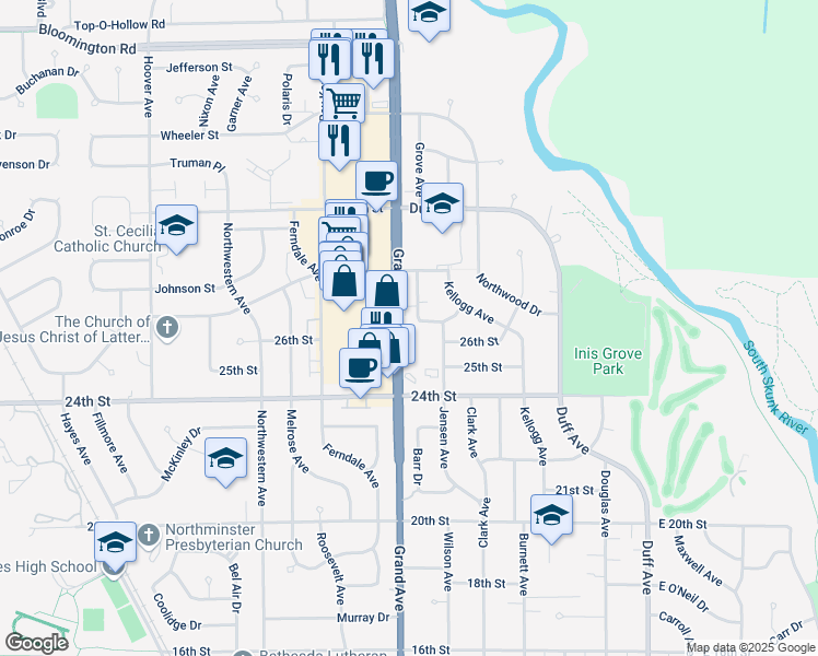 map of restaurants, bars, coffee shops, grocery stores, and more near 2611 Luther Drive in Ames