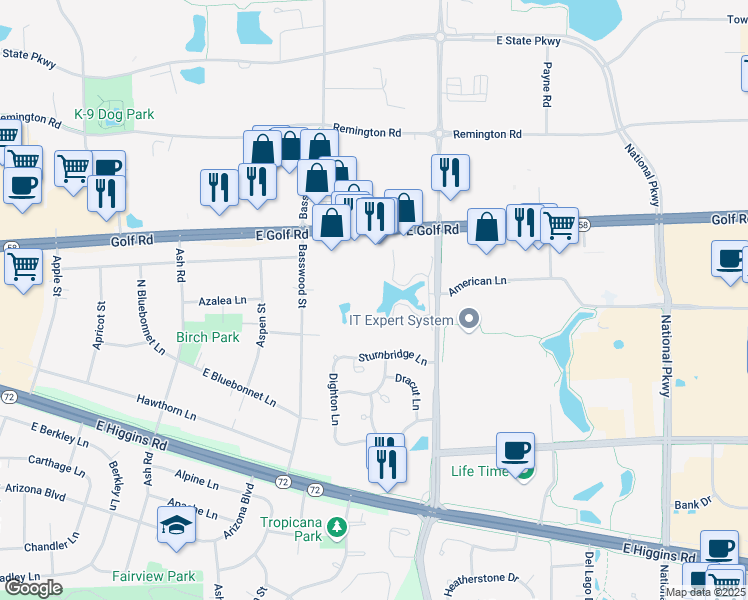 map of restaurants, bars, coffee shops, grocery stores, and more near 1100 North Plum Grove Road in Schaumburg