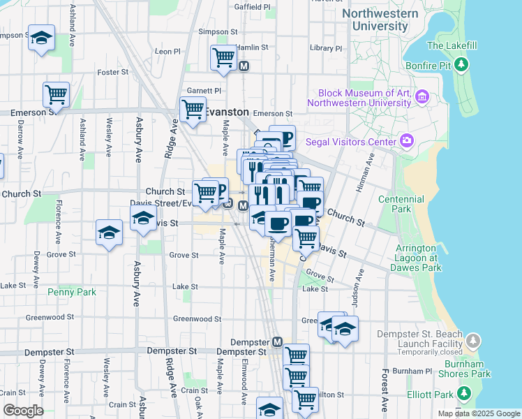 map of restaurants, bars, coffee shops, grocery stores, and more near 1620 N Sherman Avenue in Evanston