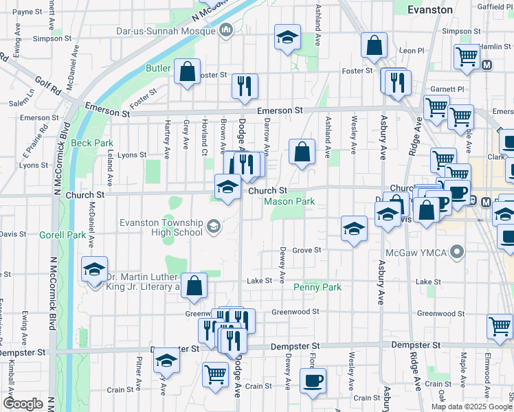 map of restaurants, bars, coffee shops, grocery stores, and more near 1720 Church Street in Evanston