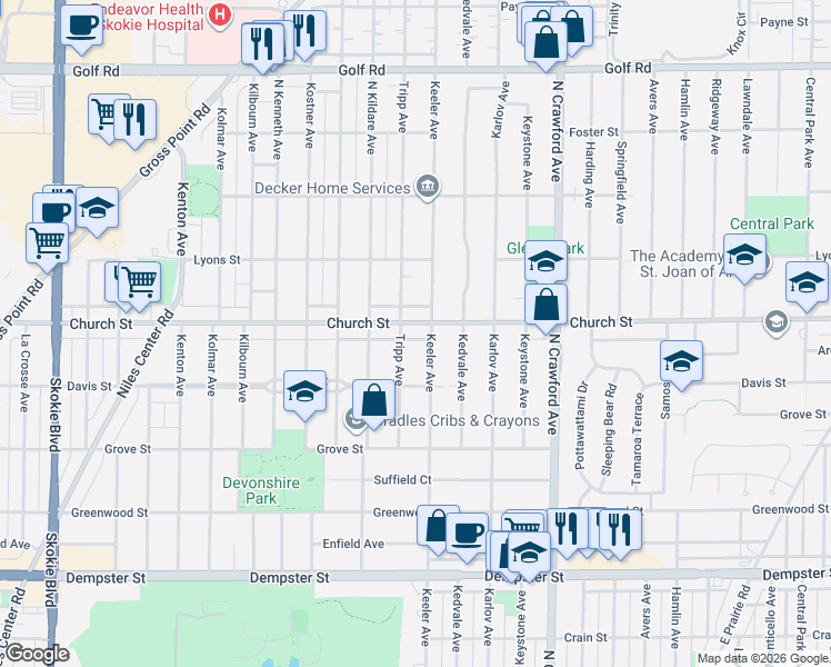 map of restaurants, bars, coffee shops, grocery stores, and more near in Skokie