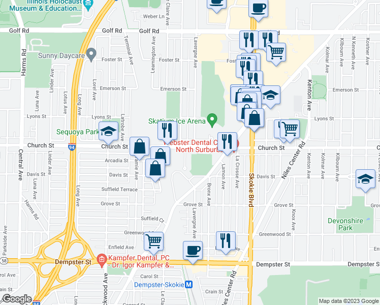 map of restaurants, bars, coffee shops, grocery stores, and more near 4959 Church Street in Skokie