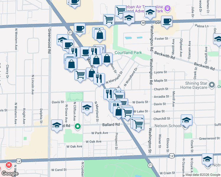 map of restaurants, bars, coffee shops, grocery stores, and more near 9201 North Milwaukee Avenue in Niles