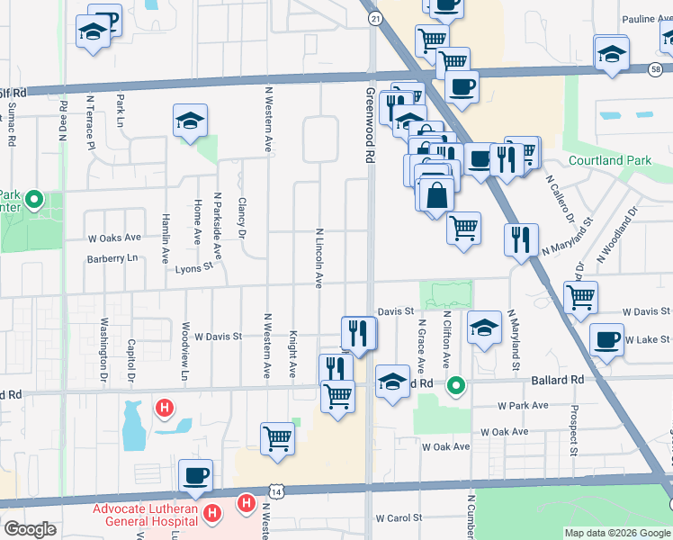 map of restaurants, bars, coffee shops, grocery stores, and more near 9219 Delphia Street in Des Plaines