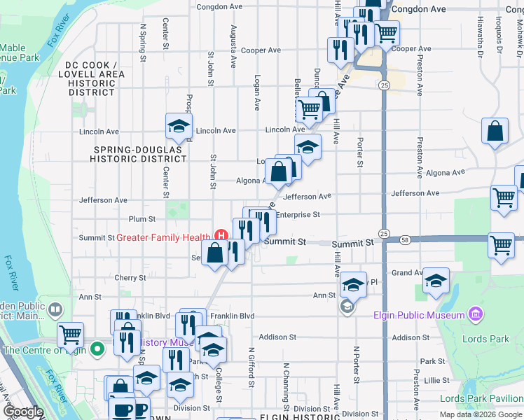 map of restaurants, bars, coffee shops, grocery stores, and more near 566 Dundee Avenue in Elgin