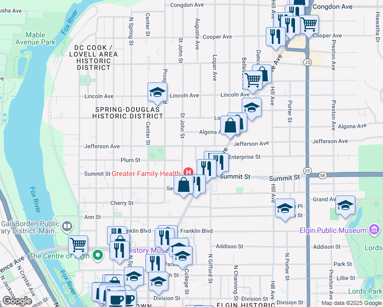 map of restaurants, bars, coffee shops, grocery stores, and more near 351 Jefferson Avenue in Elgin