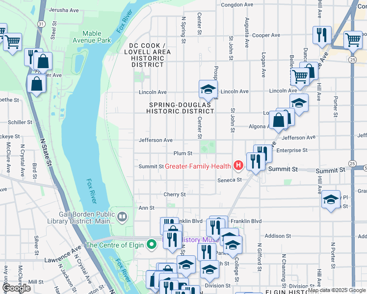 map of restaurants, bars, coffee shops, grocery stores, and more near 573 North Spring Street in Elgin