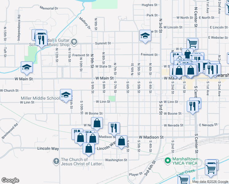 map of restaurants, bars, coffee shops, grocery stores, and more near 705-707 West Church Street in Marshalltown