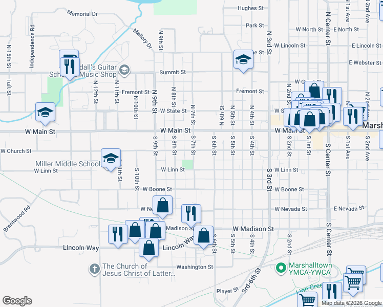 map of restaurants, bars, coffee shops, grocery stores, and more near 705-707 West Church Street in Marshalltown