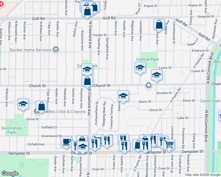 map of restaurants, bars, coffee shops, grocery stores, and more near 3838 White Cloud Drive in Skokie