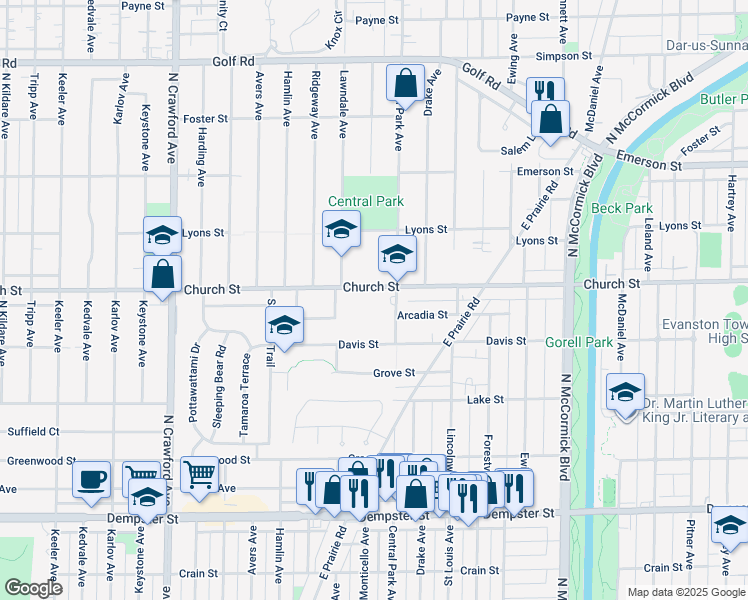 map of restaurants, bars, coffee shops, grocery stores, and more near 3601 Church Street in Evanston