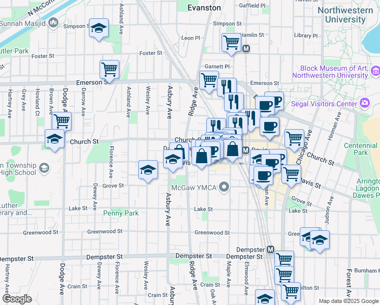 map of restaurants, bars, coffee shops, grocery stores, and more near 1619 Ridge Avenue in Evanston